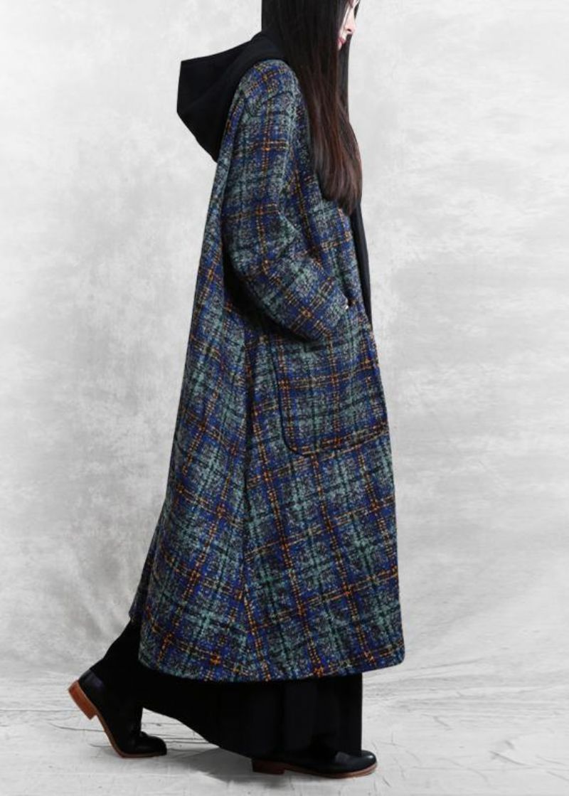 Dames Loszittende Lange Jassen Blauw Geruite Patchwork Wollen Met Capuchon - Dames trenchcoats