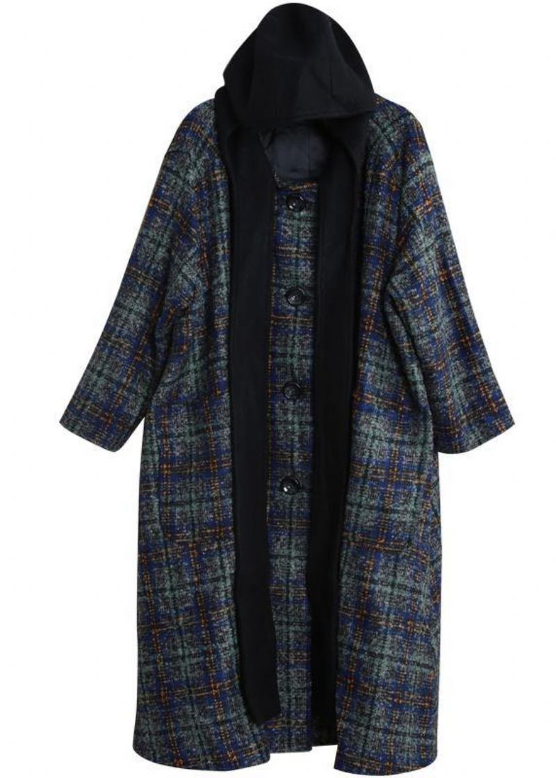 Dames Loszittende Lange Jassen Blauw Geruite Patchwork Wollen Met Capuchon - Dames trenchcoats