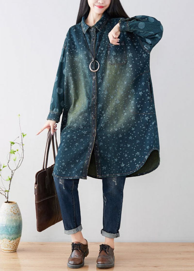 Dames Marineblauwe Peter Pan-kraag Oversized Katoenen Trenchcoats Met Print Lente