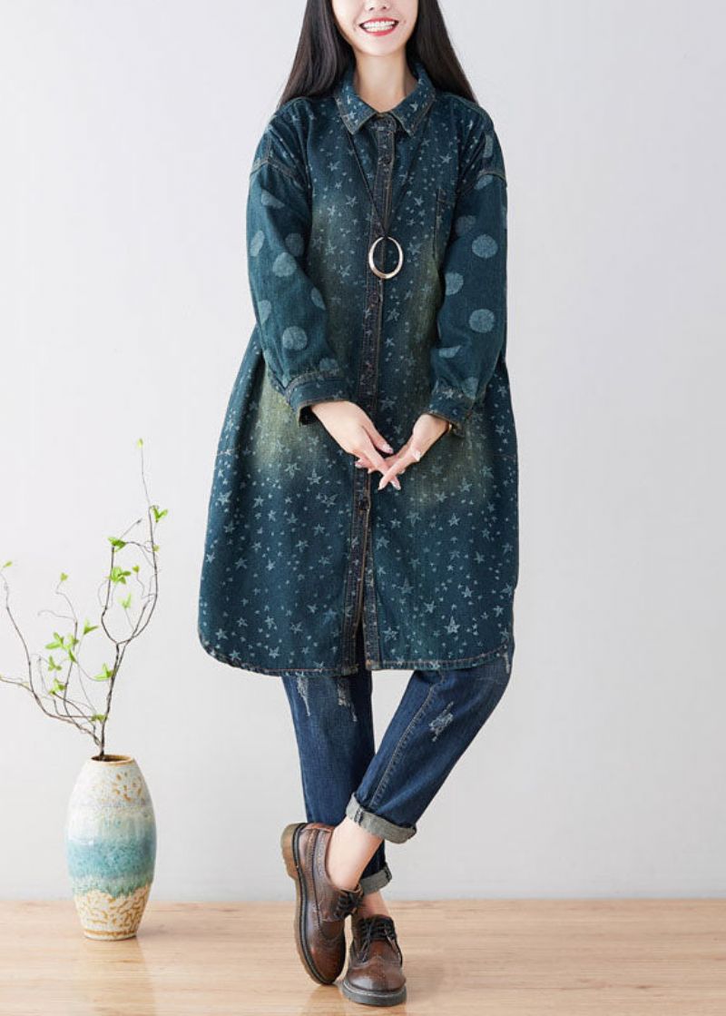 Dames Marineblauwe Peter Pan-kraag Oversized Katoenen Trenchcoats Met Print Lente - Dames trenchcoats