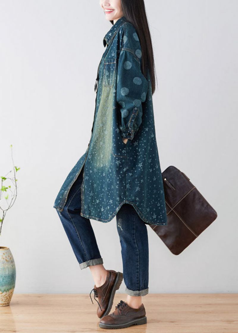 Dames Marineblauwe Peter Pan-kraag Oversized Katoenen Trenchcoats Met Print Lente - Dames trenchcoats