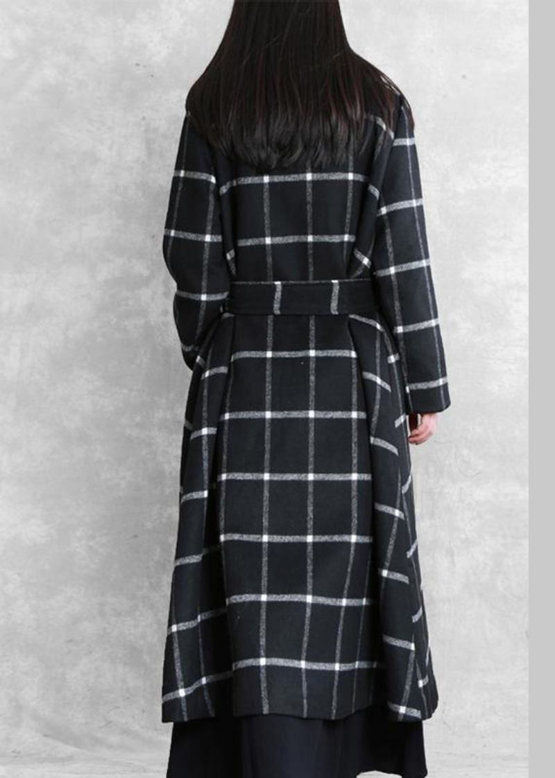 Dames Plus Size Lange Jassen Wollen Uitloper Zwarte Geruite Overjas Met Ingekerfde Taille - Dames trenchcoats