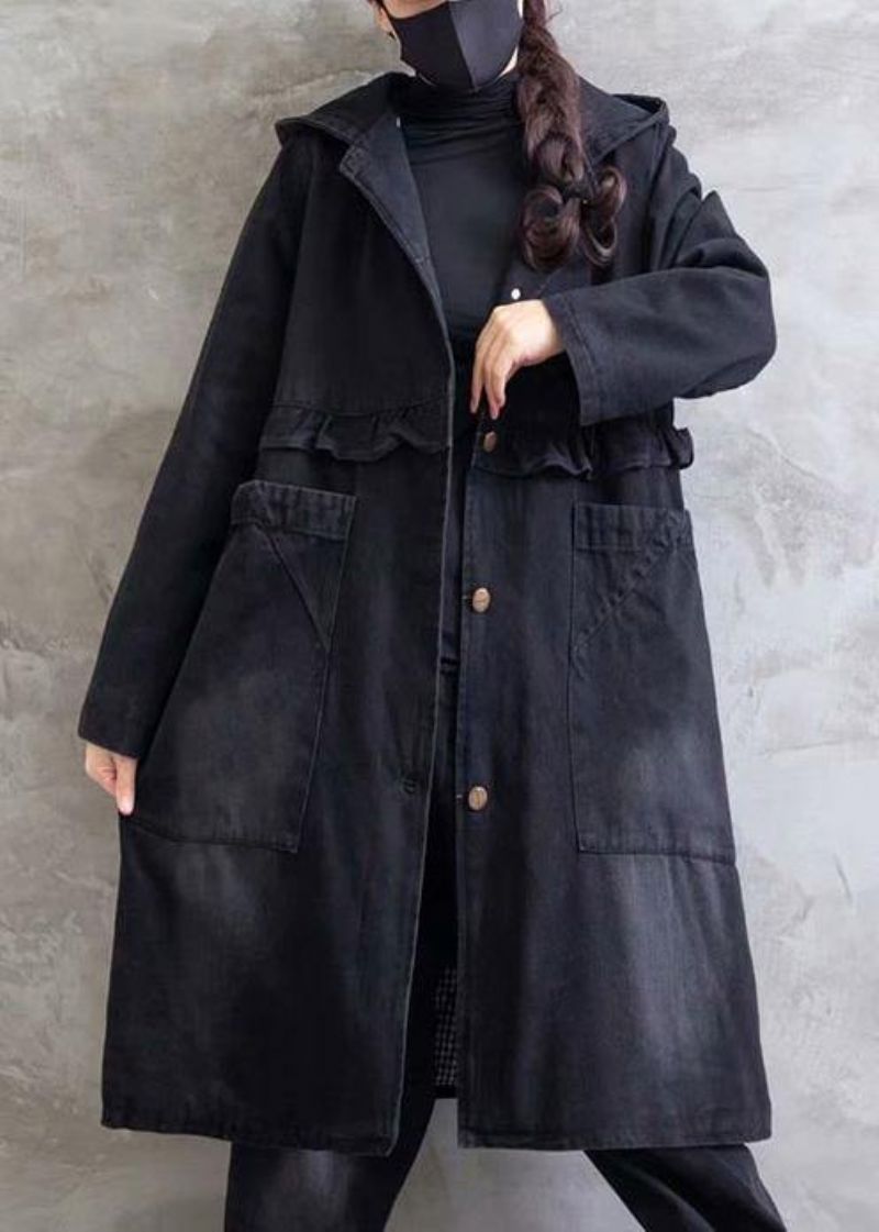 Dames Plus Size Overjas Denim Zwart Capuchon Ruches Uitloper - Dames trenchcoats