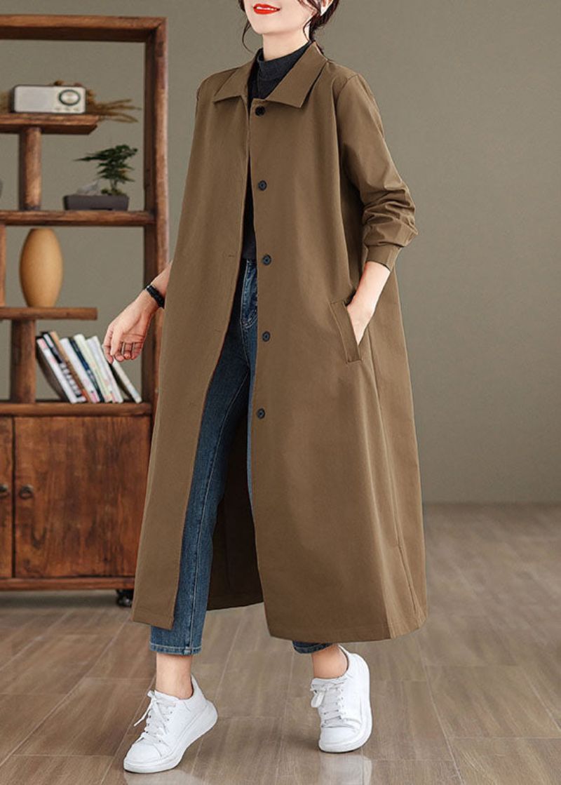 Dames Rode Peter Pan Kraag Zakken Lange Trenchcoat Mouw - Beige