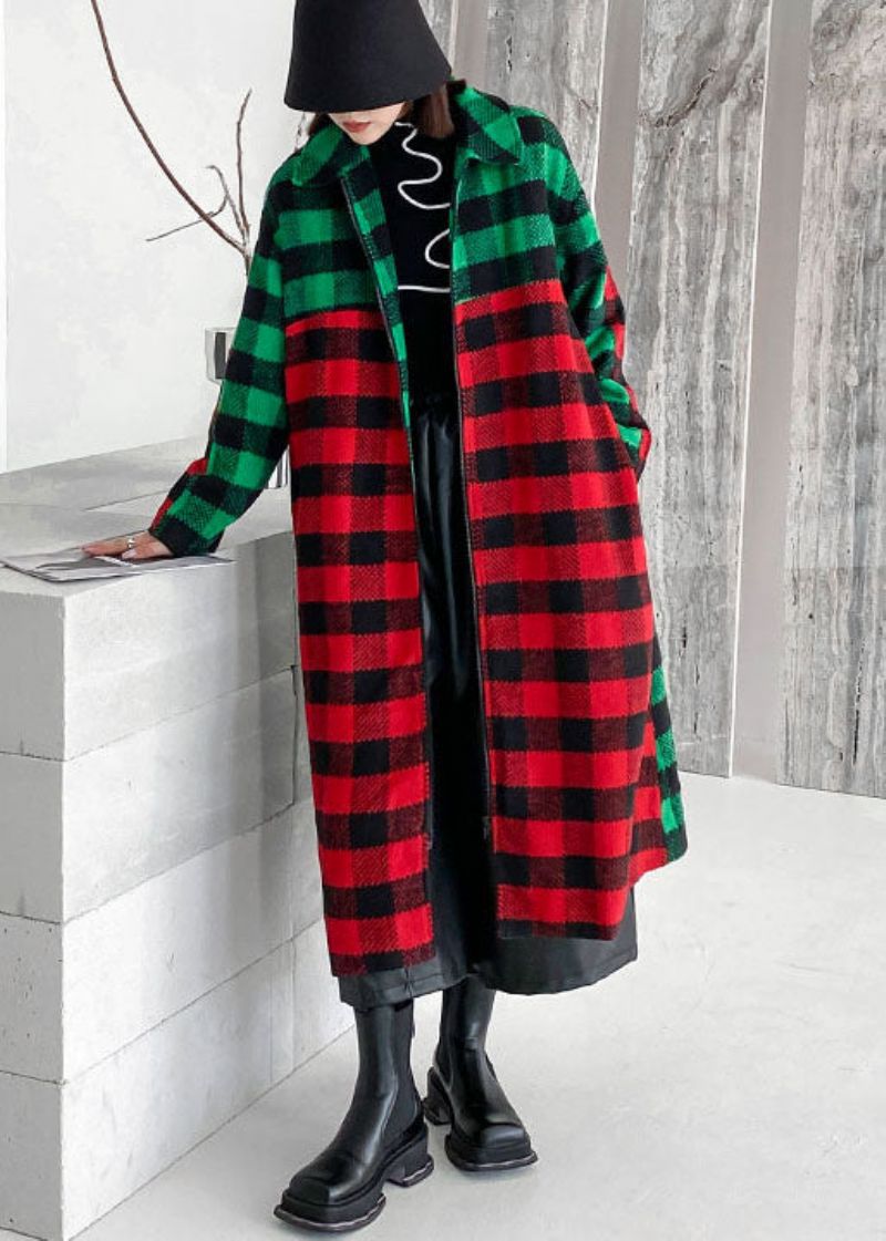 Dames Rood Groen Geruite Peter Pan Kraag Patchwork Wollen Trench Winter - Dames trenchcoats