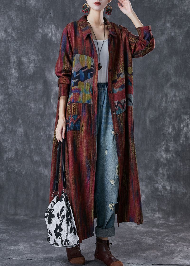 Dames Saai Rood Oversized Print Linnen Geul Lente - Dames trenchcoats