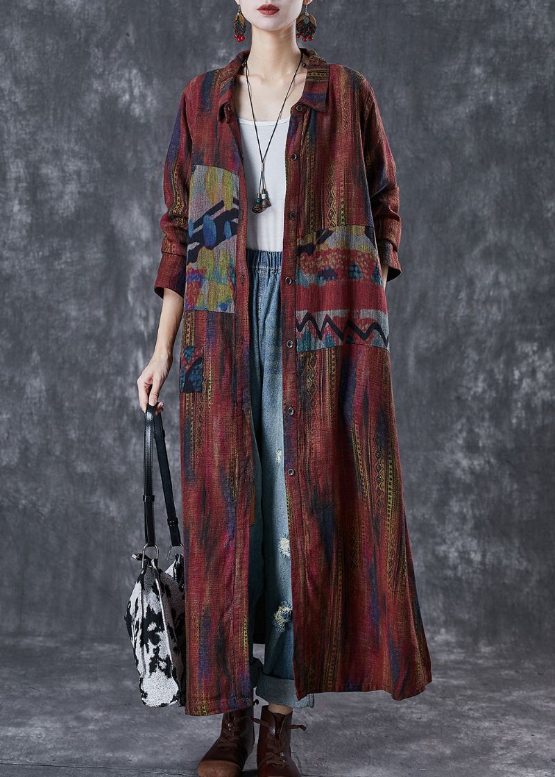 Dames Saai Rood Oversized Print Linnen Geul Lente - Dames trenchcoats