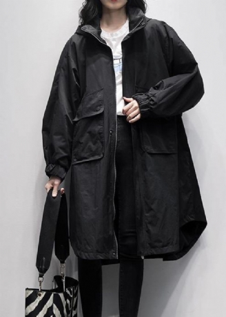 Dames Trenchcoat Met Capuchon Ruches Zakken Zwarte Oversized Uitloper