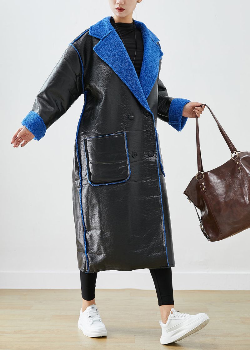 Dames Zwart Fleece Wol Gevoerd Slijtage Aan Beide Zijden Kunstleer Jas Uitloper Winter - Dames trenchcoats