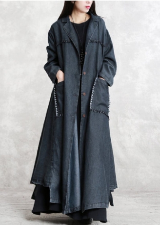 Dames Zwart Winterjas Oversized Zakken Met Inkeping Elegante Denim Patchwork Lange Jassen Met Mouwen