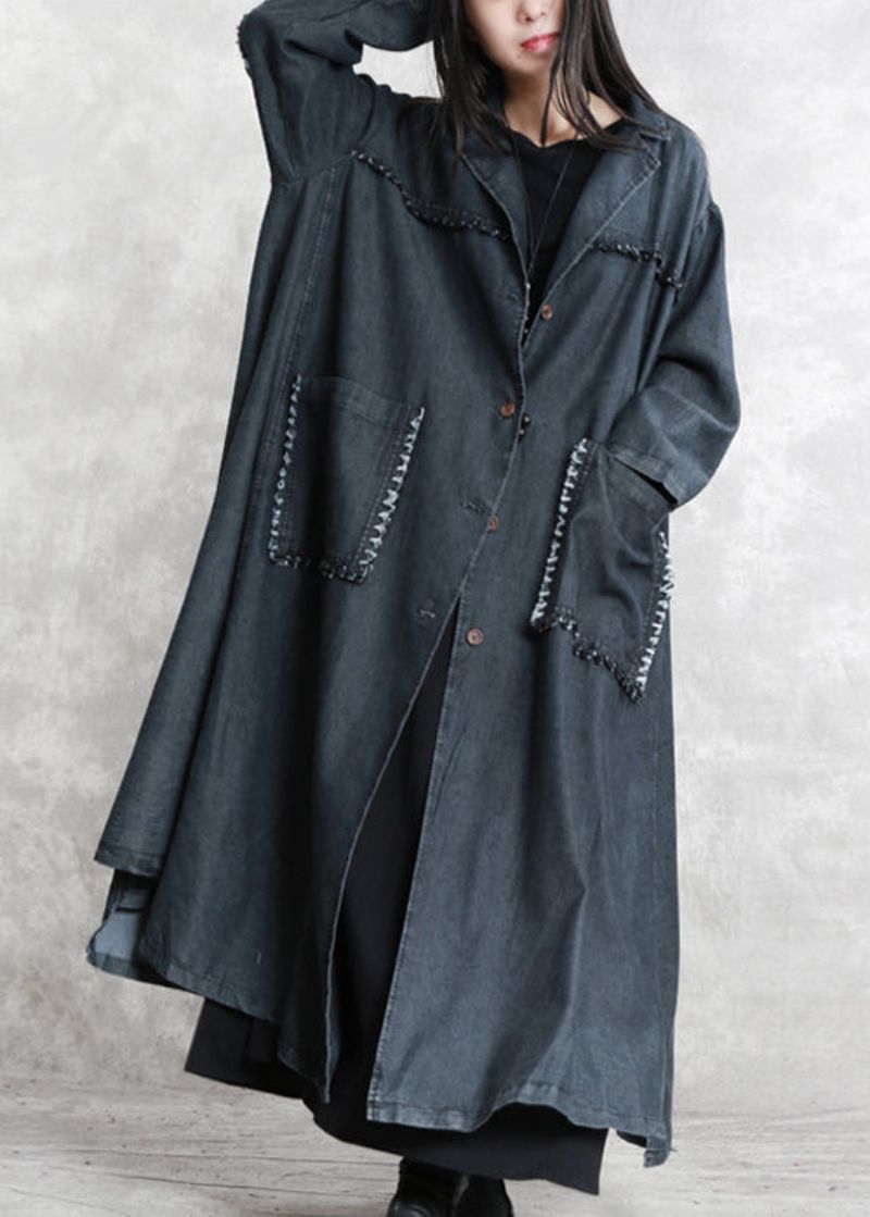 Dames Zwart Winterjas Oversized Zakken Met Inkeping Elegante Denim Patchwork Lange Jassen Met Mouwen - Dames trenchcoats