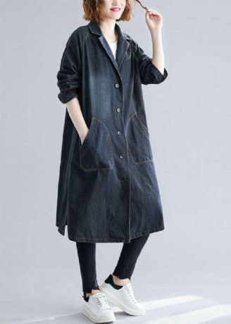 Dames Zwarte Ingekeepte Zakken Denim Trenchcoat Herfst