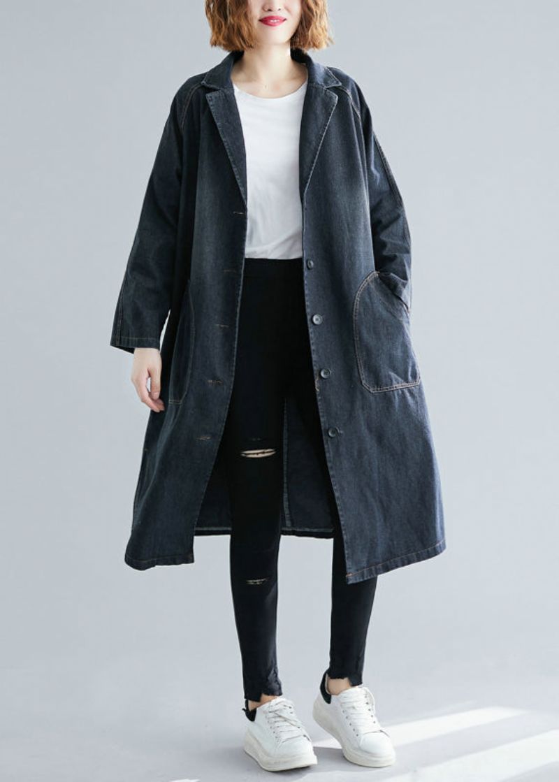 Dames Zwarte Ingekeepte Zakken Denim Trenchcoat Herfst - Dames trenchcoats