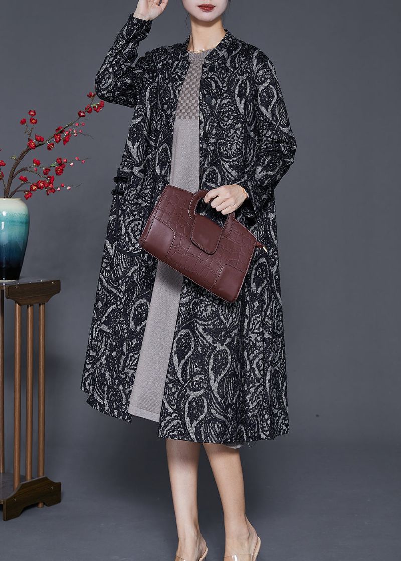 Dames Zwarte Oversized Katoenen Trenchcoats Met Print Herfst - Dames trenchcoats