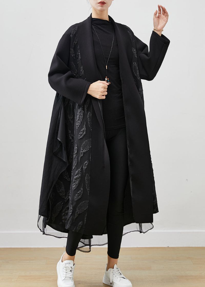 Dames Zwarte Oversized Patchwork Jacquard Katoenen Trenchcoats Lente - Dames trenchcoats