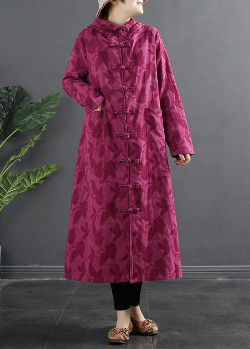 Damesjurk Met Chinese Knoop En Roze Jacquard Gewaden Met Capuchon - Groen