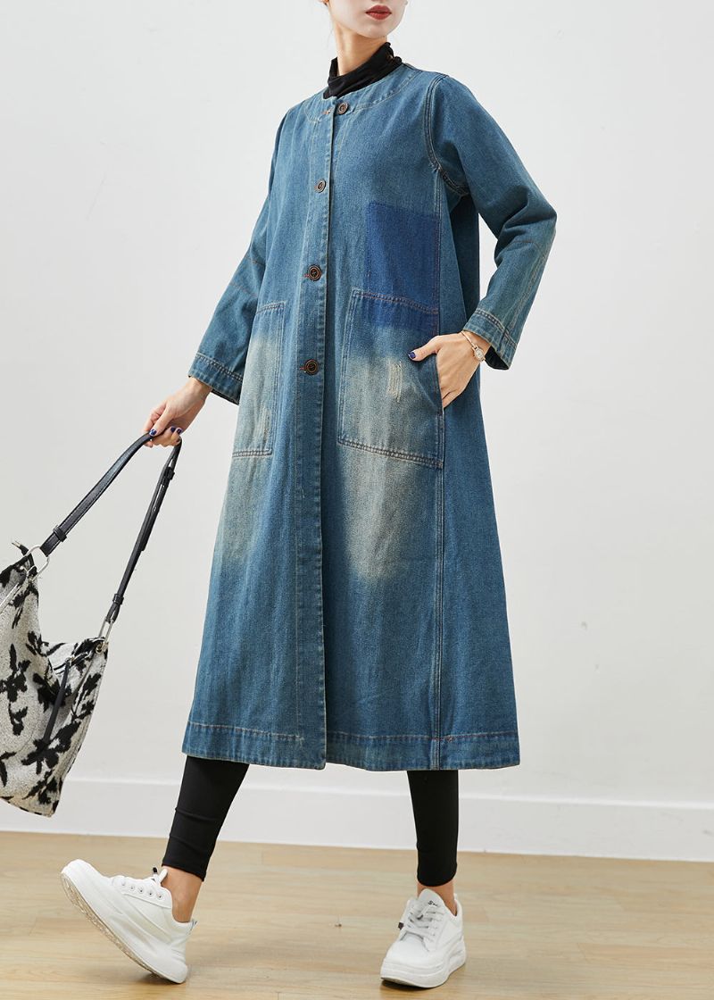 Diy Denim Blauwe O-hals Zakken Katoenen Trenchcoat Herfst