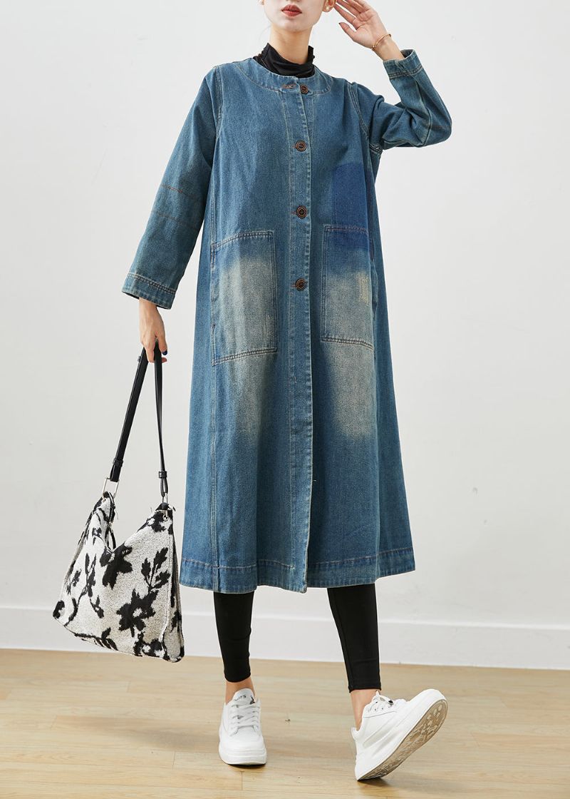 Diy Denim Blauwe O-hals Zakken Katoenen Trenchcoat Herfst - Dames trenchcoats