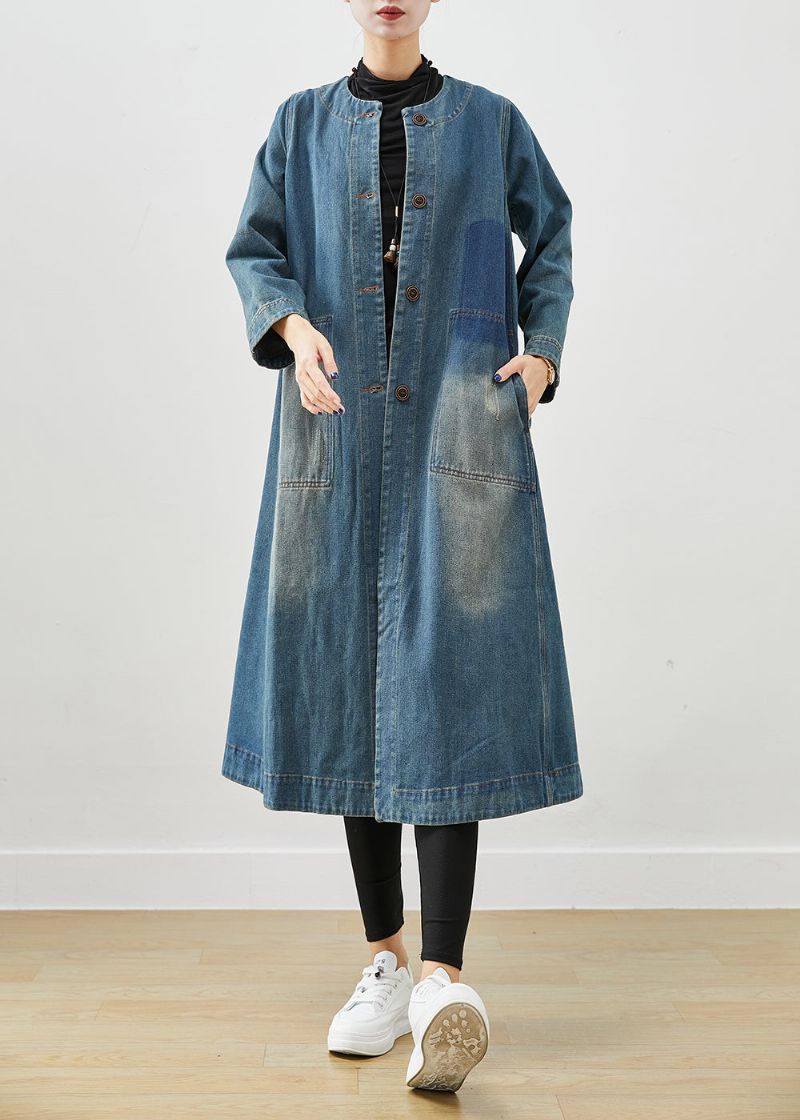 Diy Denim Blauwe O-hals Zakken Katoenen Trenchcoat Herfst - Dames trenchcoats