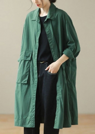 Diy Zwartachtig Groene Oversized Zakken Katoenen Trenchcoat Herfst