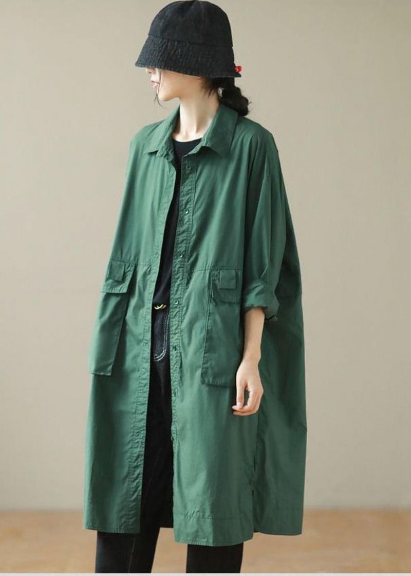 Diy Zwartachtig Groene Oversized Zakken Katoenen Trenchcoat Herfst - Dames trenchcoats