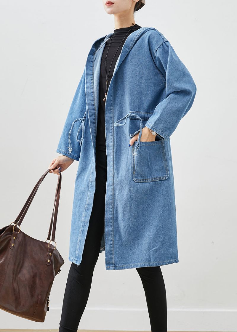 Eenvoudige Blauwe Cinched Zakken Met Capuchon Denim Trenchcoat Herfst