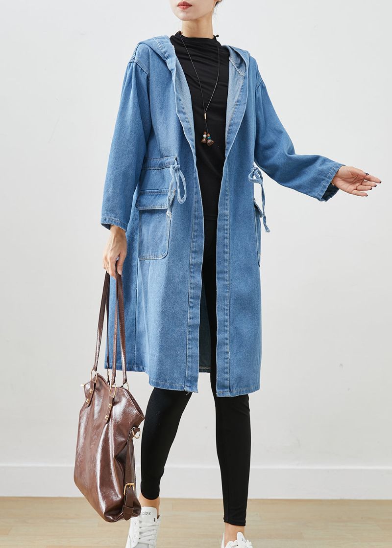 Eenvoudige Blauwe Cinched Zakken Met Capuchon Denim Trenchcoat Herfst - Dames trenchcoats