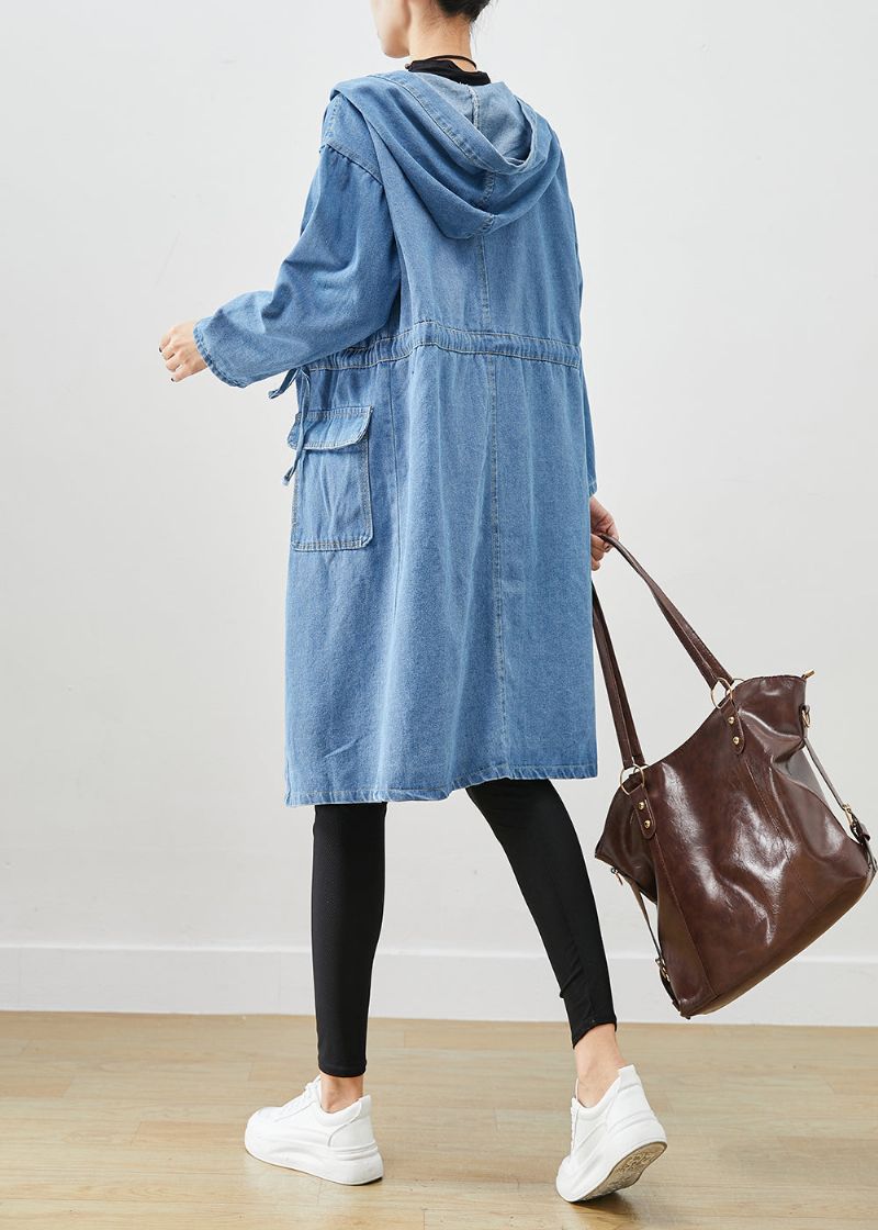 Eenvoudige Blauwe Cinched Zakken Met Capuchon Denim Trenchcoat Herfst - Dames trenchcoats