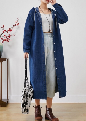 Eenvoudige Blauwe Denim Trenchcoats Met Capuchon En Knoopsluiting Herfst