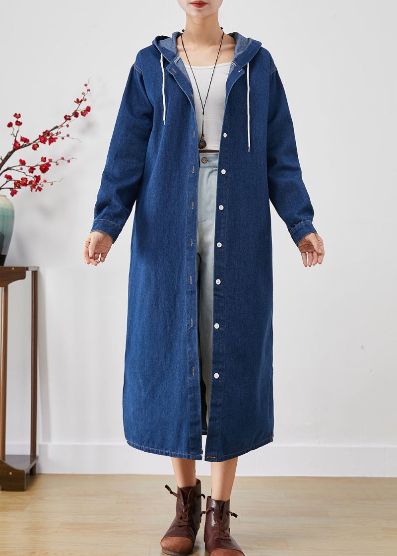 Eenvoudige Blauwe Denim Trenchcoats Met Capuchon En Knoopsluiting Herfst - Dames trenchcoats