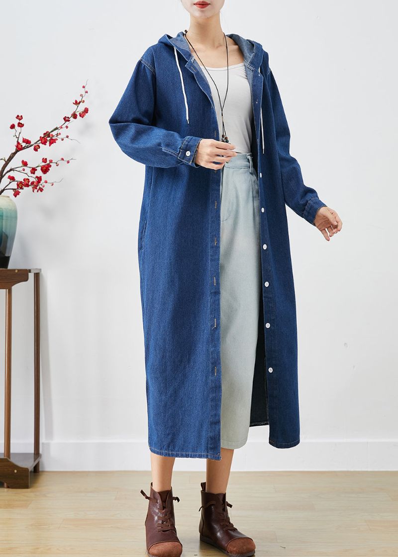 Eenvoudige Blauwe Denim Trenchcoats Met Capuchon En Knoopsluiting Herfst - Dames trenchcoats