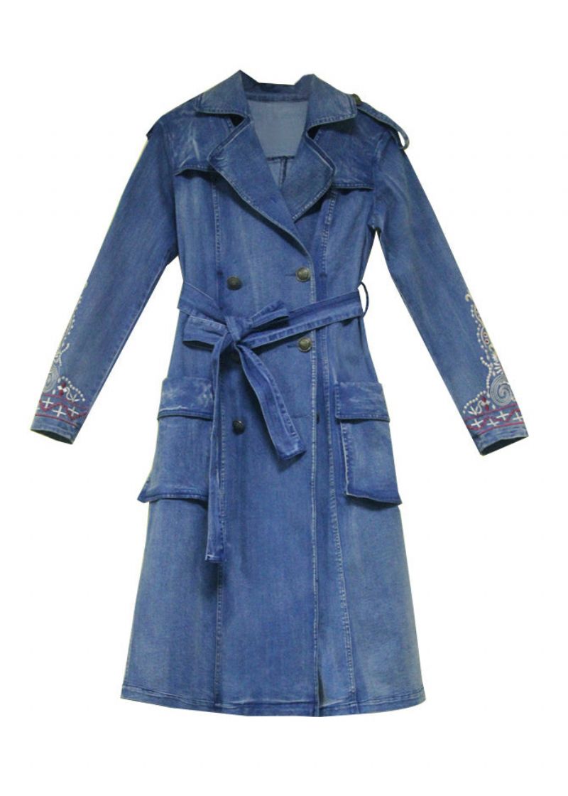 Eenvoudige Blauwe Peter Pan-kraag Zakken Geborduurde Dubbele Borst Sjerpen Katoenen Denim Trenchcoats Lente - Dames trenchcoats