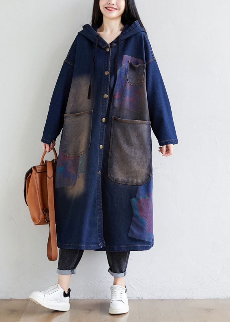 Eenvoudige Donkerblauwe Trekkoordzakken Met Capuchon En Print Denim Trenchcoats Lente