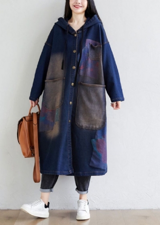 Eenvoudige Donkerblauwe Trekkoordzakken Met Capuchon En Print Denim Trenchcoats Lente