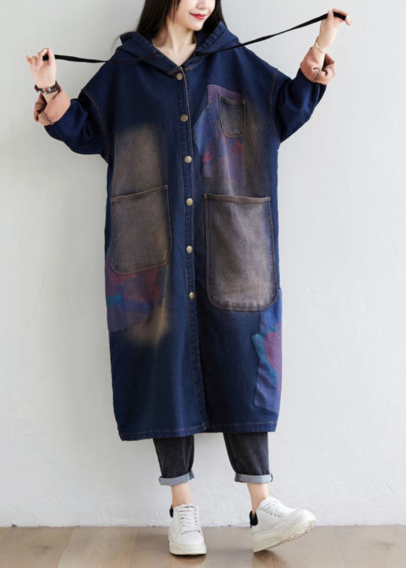 Eenvoudige Donkerblauwe Trekkoordzakken Met Capuchon En Print Denim Trenchcoats Lente - Dames trenchcoats