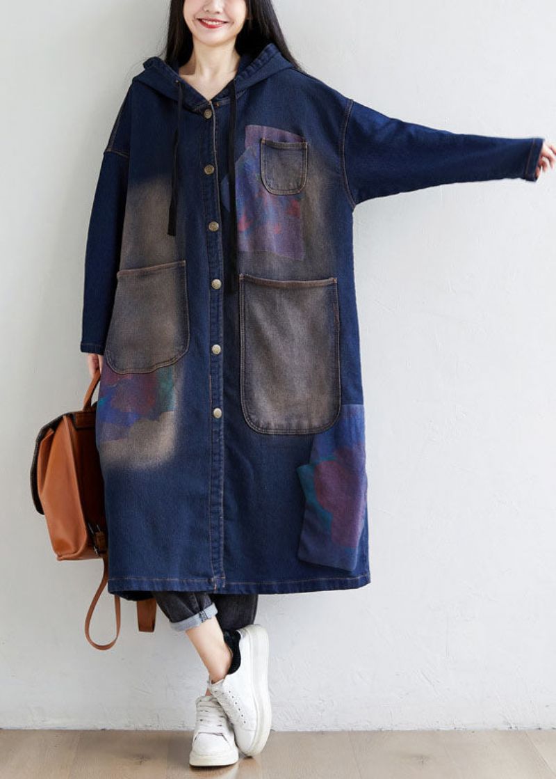 Eenvoudige Donkerblauwe Trekkoordzakken Met Capuchon En Print Denim Trenchcoats Lente - Dames trenchcoats