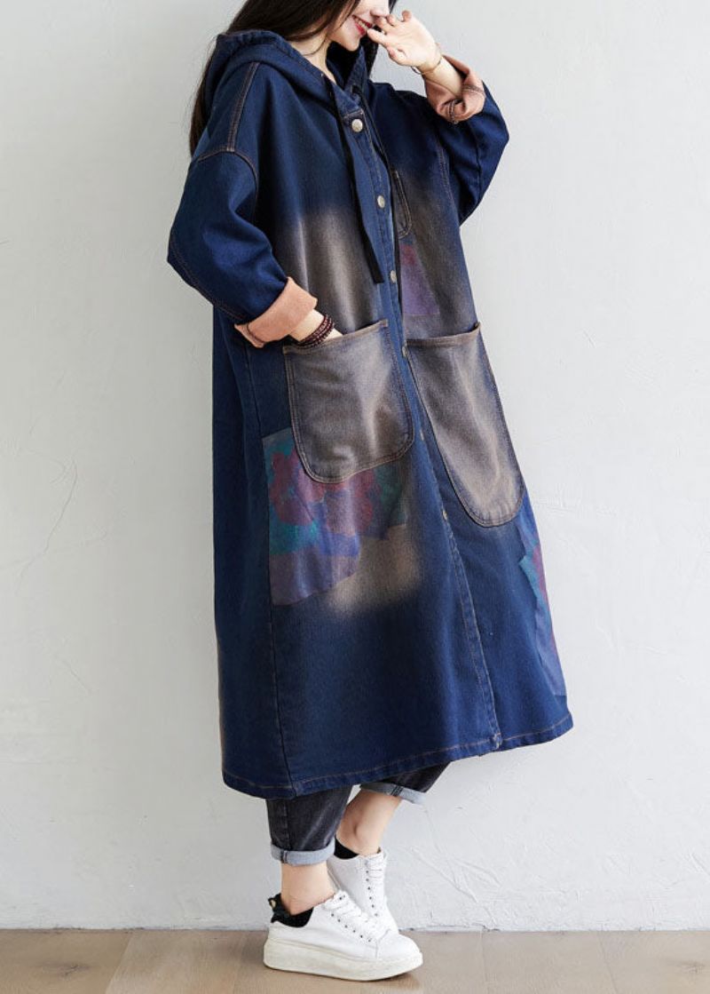 Eenvoudige Donkerblauwe Trekkoordzakken Met Capuchon En Print Denim Trenchcoats Lente - Dames trenchcoats