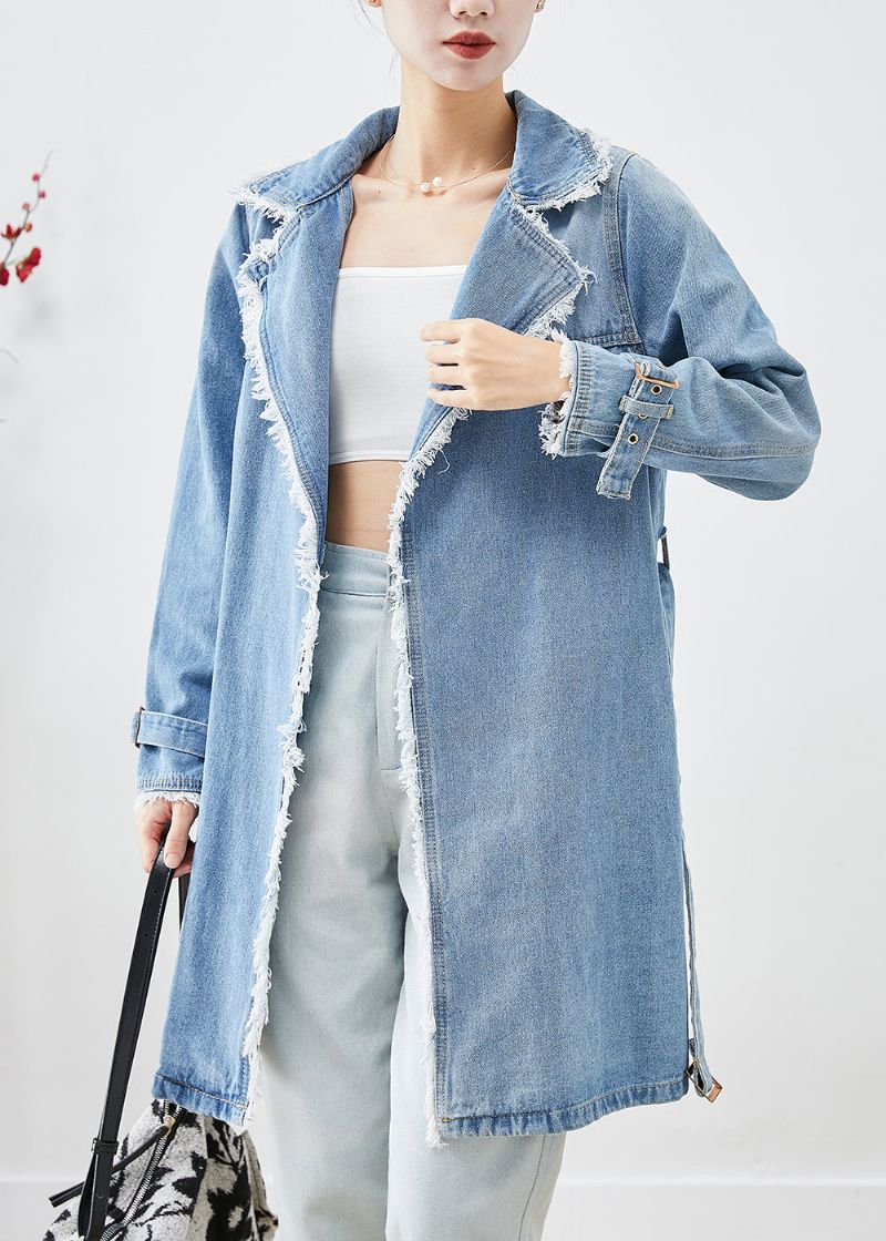 Eenvoudige Lichtblauwe Denim Trenchcoat Met Revers En Kwastjes