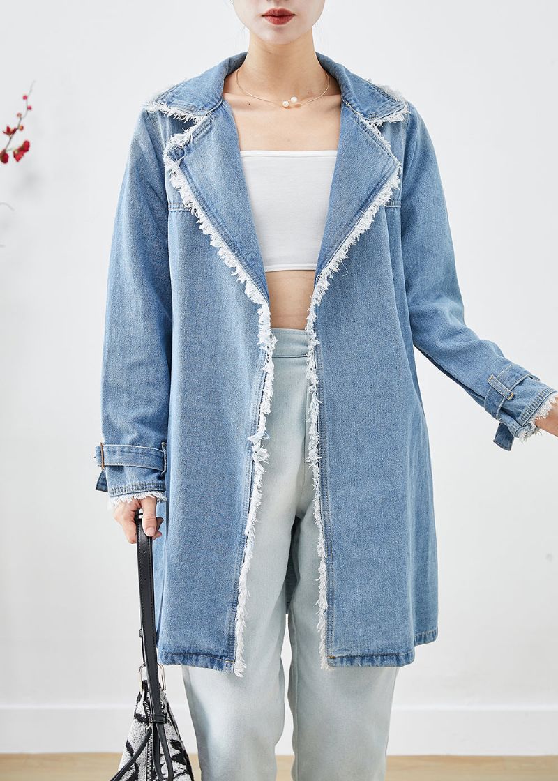 Eenvoudige Lichtblauwe Denim Trenchcoat Met Revers En Kwastjes - Dames trenchcoats