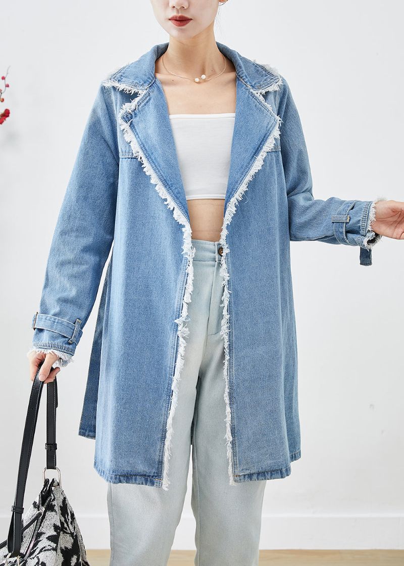 Eenvoudige Lichtblauwe Denim Trenchcoat Met Revers En Kwastjes - Dames trenchcoats