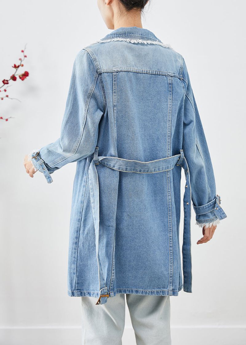 Eenvoudige Lichtblauwe Denim Trenchcoat Met Revers En Kwastjes - Dames trenchcoats