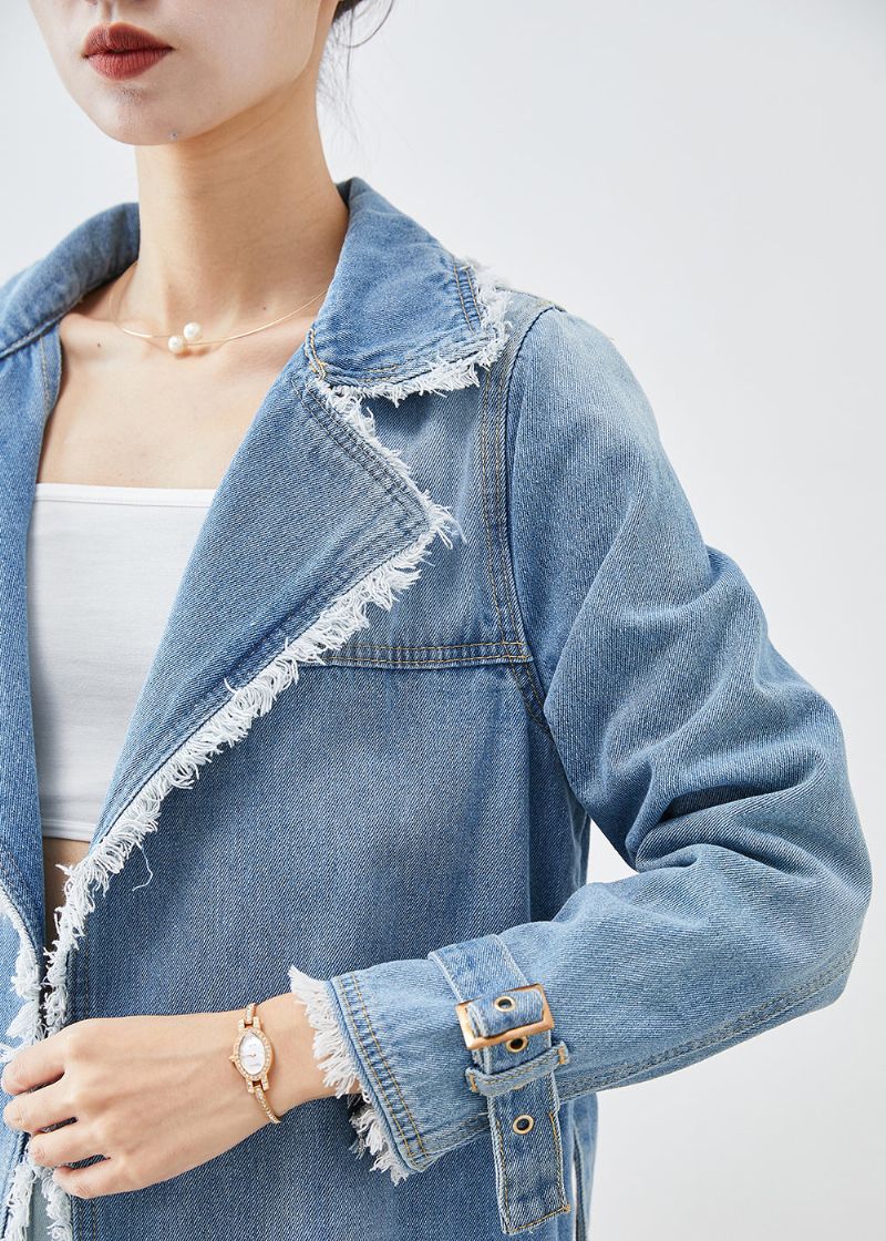 Eenvoudige Lichtblauwe Denim Trenchcoat Met Revers En Kwastjes - Dames trenchcoats