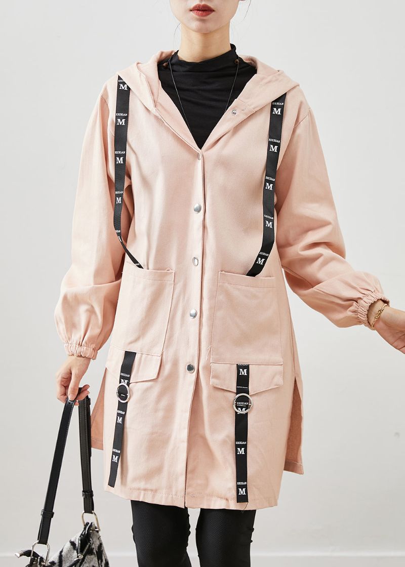 Eenvoudige Roze Oversized Patchwork Katoenen Jas Met Capuchon Herfst - Dames trenchcoats