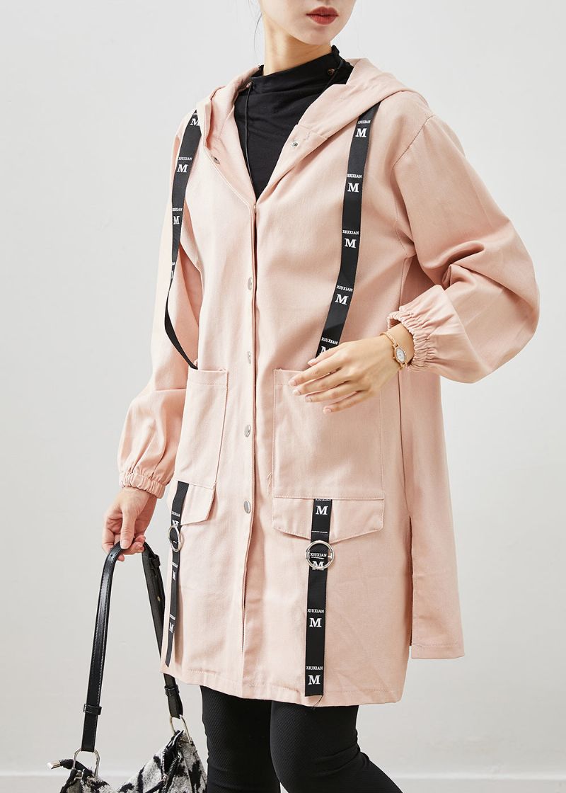 Eenvoudige Roze Oversized Patchwork Katoenen Jas Met Capuchon Herfst - Dames trenchcoats