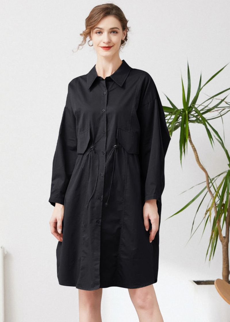 Eenvoudige Zwarte Oversized Zakken Met Trekkoord Katoenen Geulveer - Dames trenchcoats