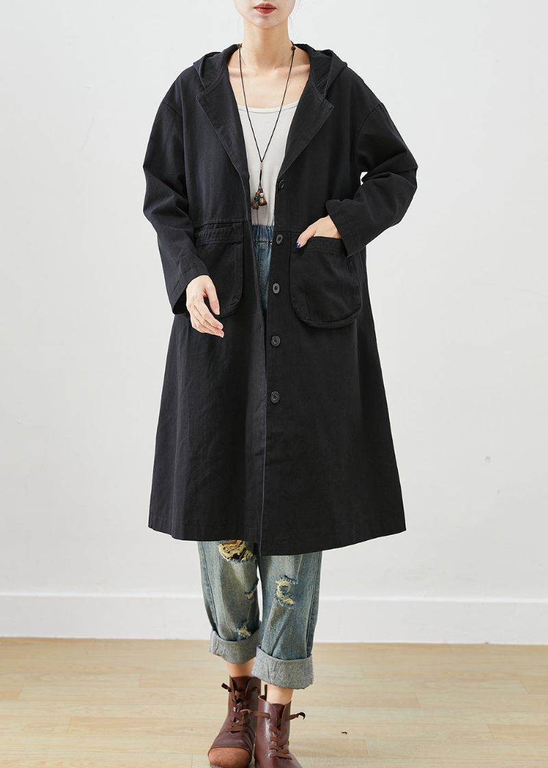 Eenvoudige Zwarte Zakken Met Capuchon Katoenen Trenchcoat Herfst - Dames trenchcoats