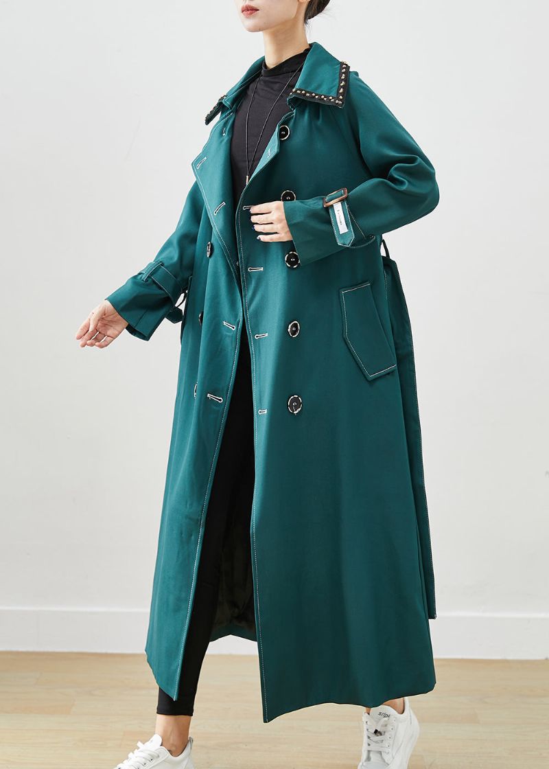 Elegante Blacksih Groene Dubbele Borstzakken Katoenen Jassen Herfst - Dames trenchcoats