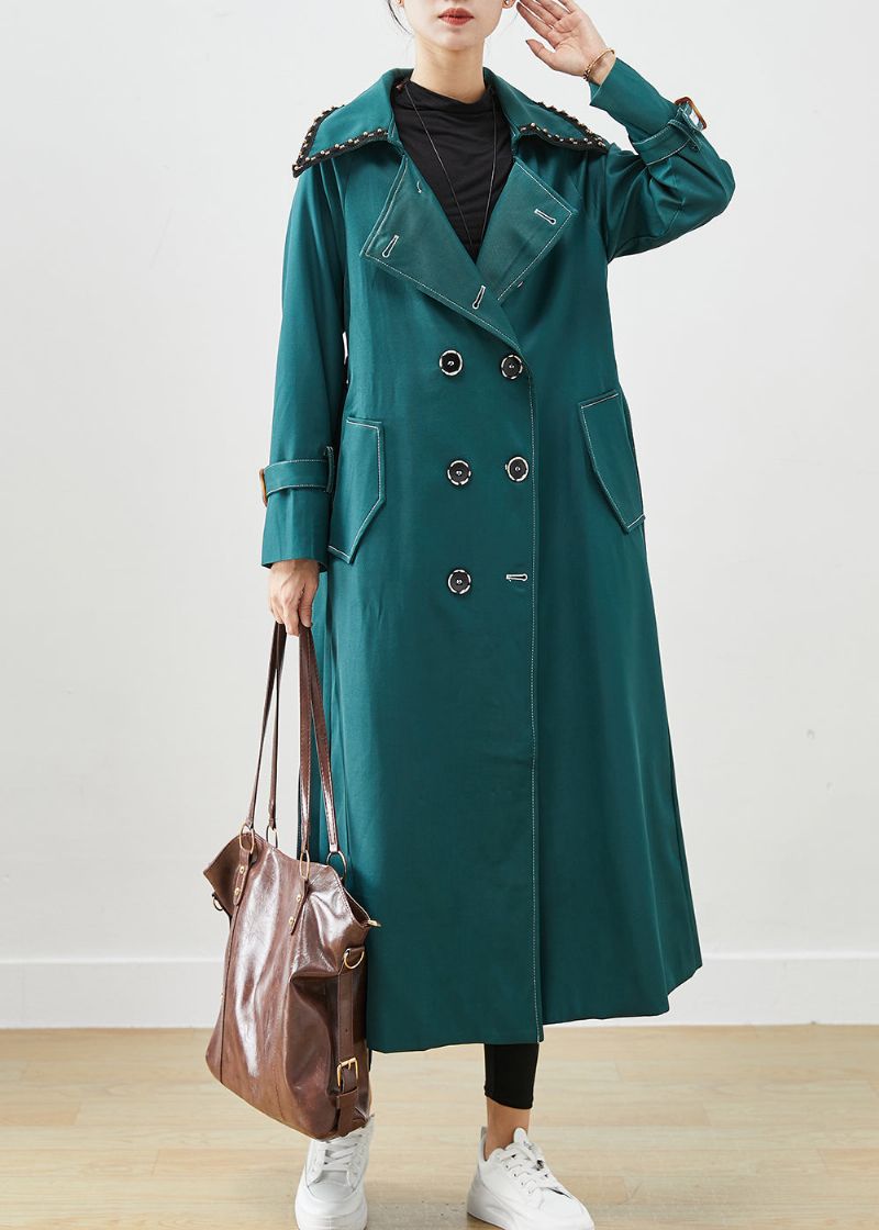 Elegante Blacksih Groene Dubbele Borstzakken Katoenen Jassen Herfst - Dames trenchcoats