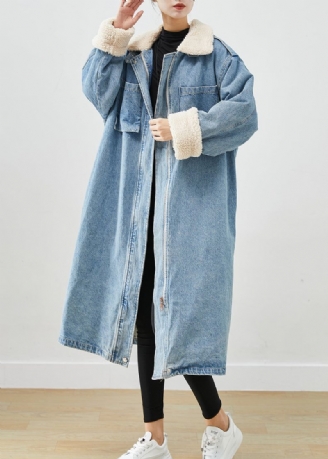 Elegante Blauwe Oversized Zakken Fleece Wol Gevoerde Denim Trenchcoat Herfst