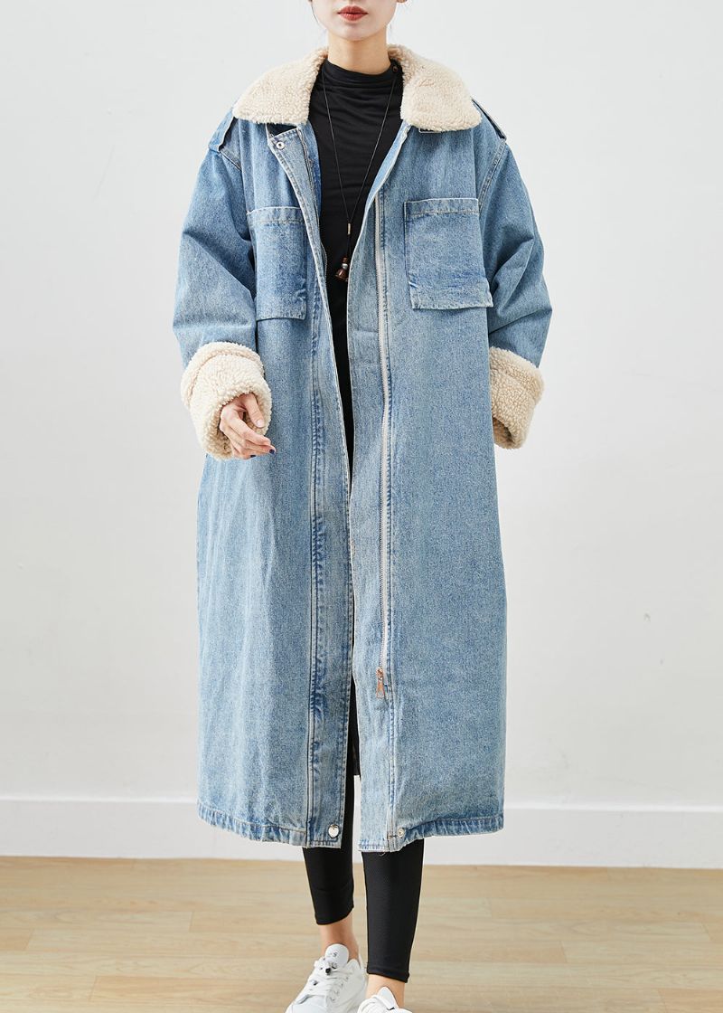 Elegante Blauwe Oversized Zakken Fleece Wol Gevoerde Denim Trenchcoat Herfst - Dames trenchcoats